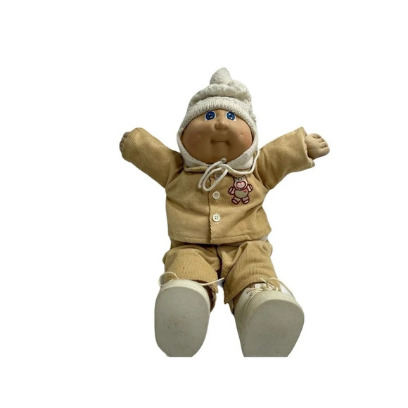 Cabbage Patch Kids 1982 HM 64 Bald Boy with Bonnet Corduroy Brown Bear Outfit - Picture 1 of 16